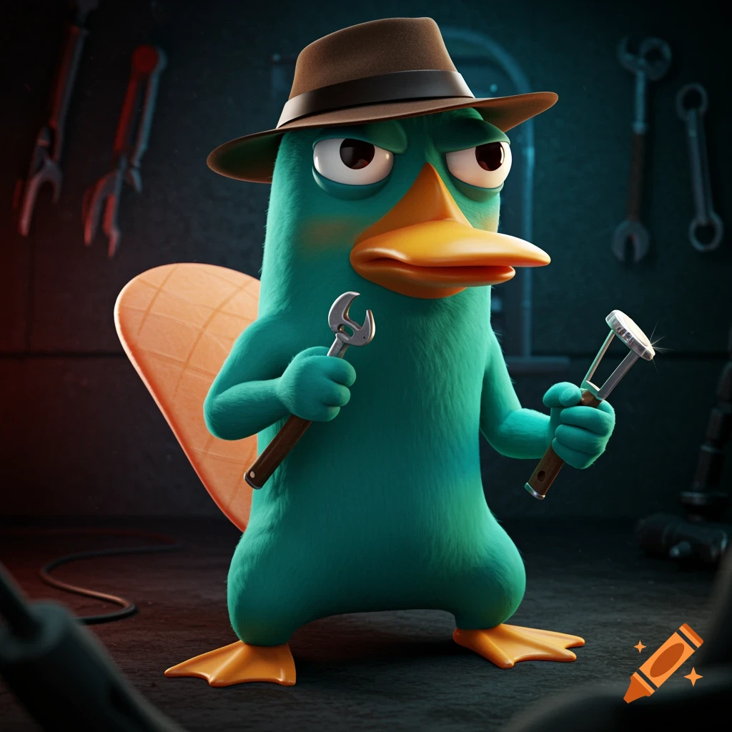 Perry the Platypus holding tools in a dimly lit workshop, digital art