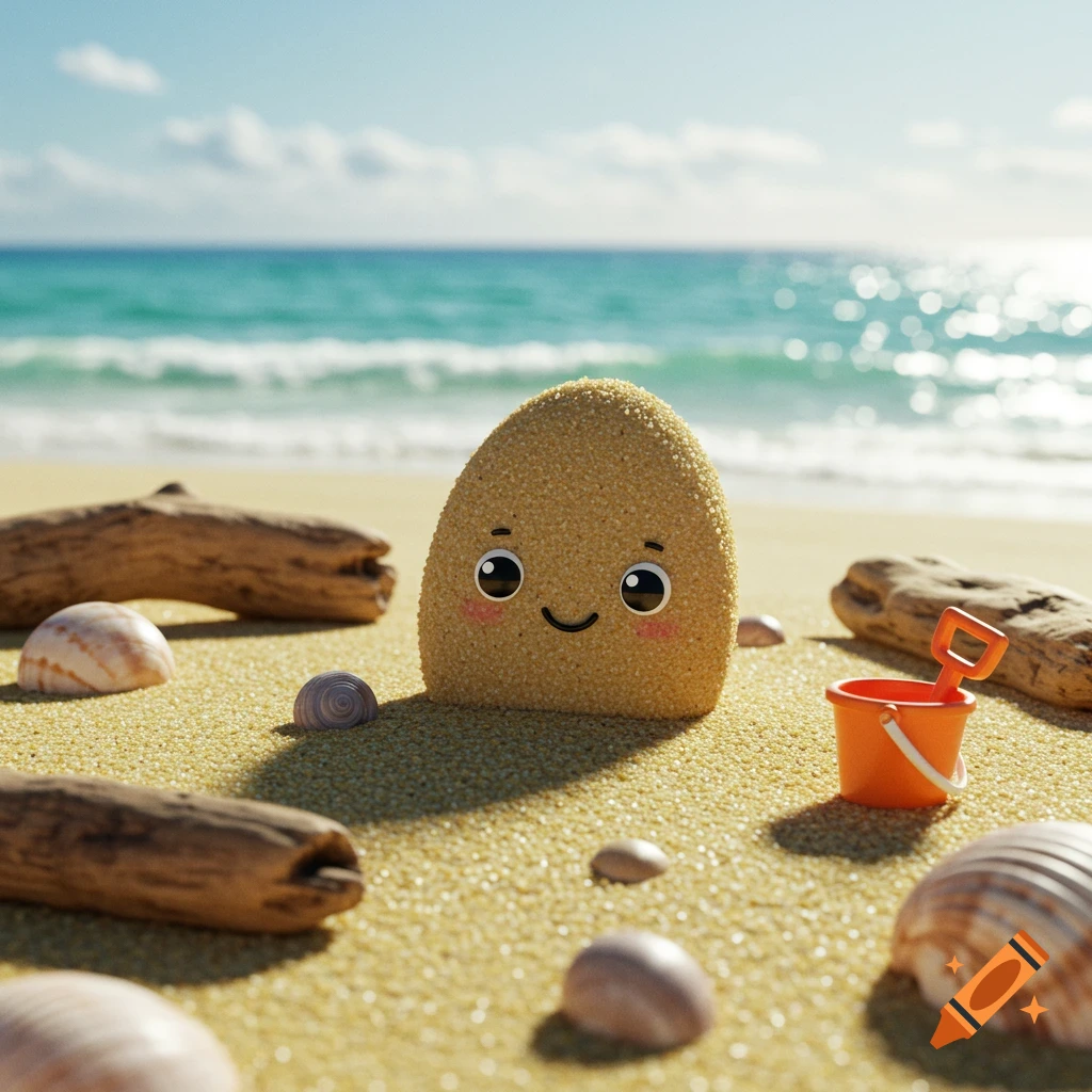 A cute cartoon sand grain with a smiley face sits on a sunny beach with shells and driftwood, an orange bucket and shovel nearby.