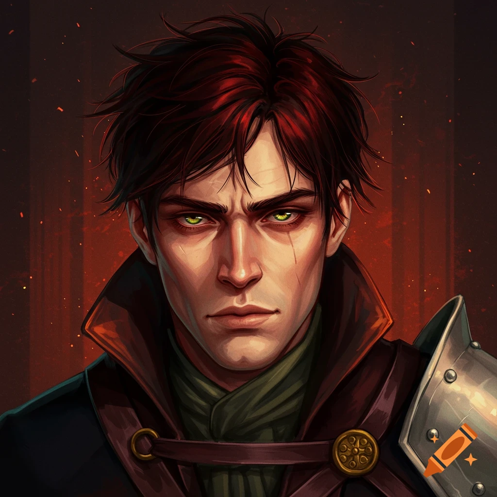 A portrait of a fantasy character with dark red hair and green eyes wearing armor and a cloak.
