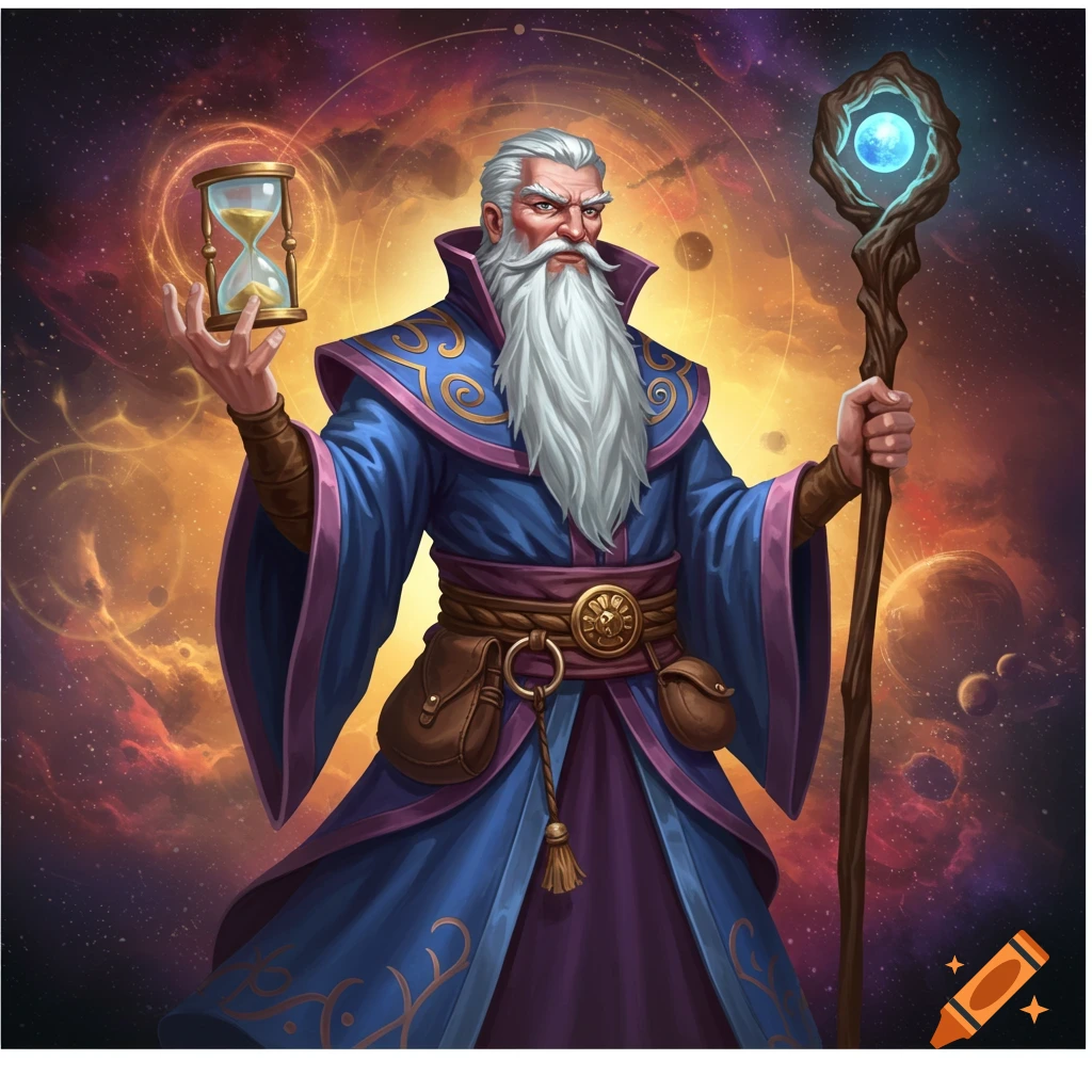 A wizard holds an hourglass and staff in space with planets and nebulae.