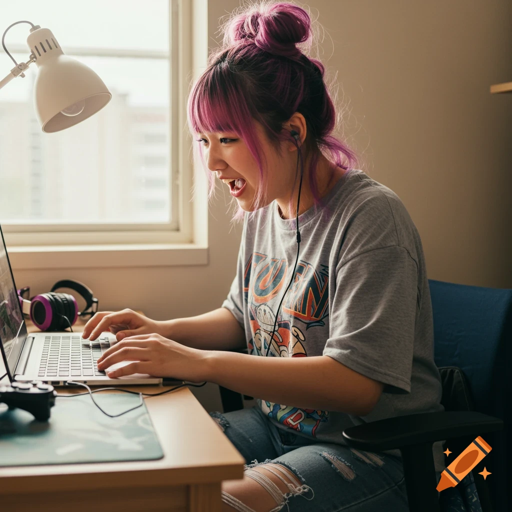 Young woman with purple hair playing games on a laptop.