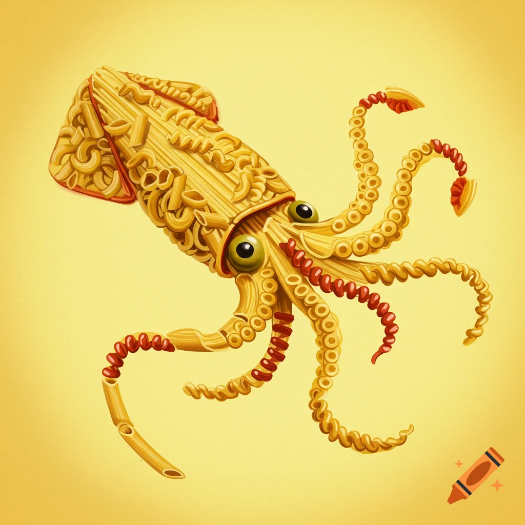 A squid made of various types of pasta on a yellow background.