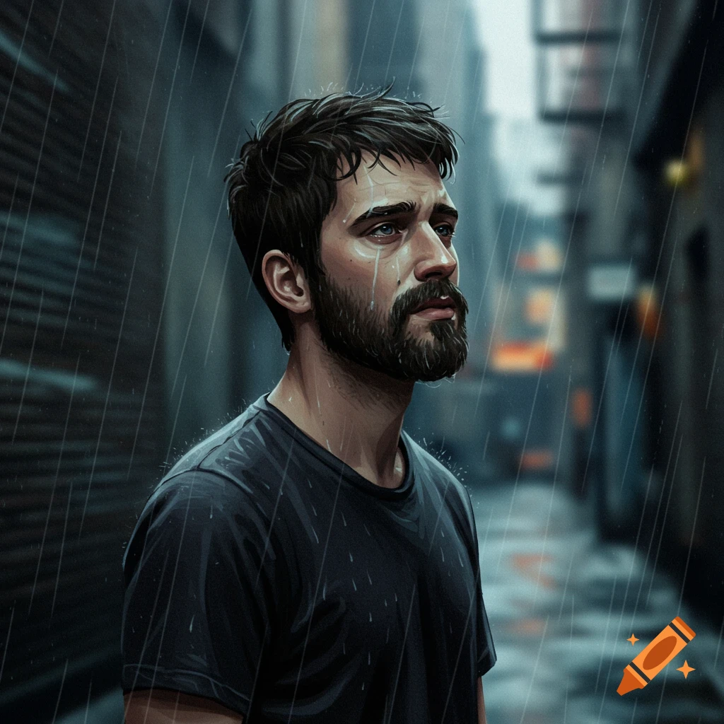 A man looking sad in the rain in an alley