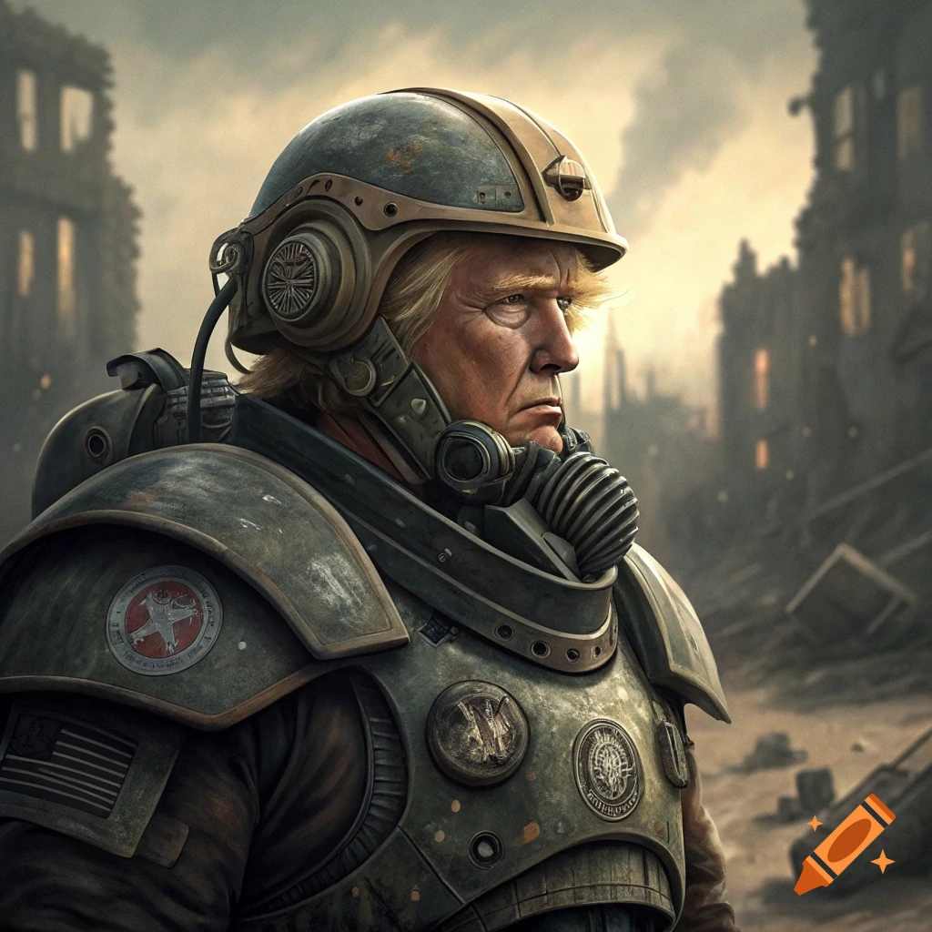 Donald Trump wearing power armor in a ruined city, digital art