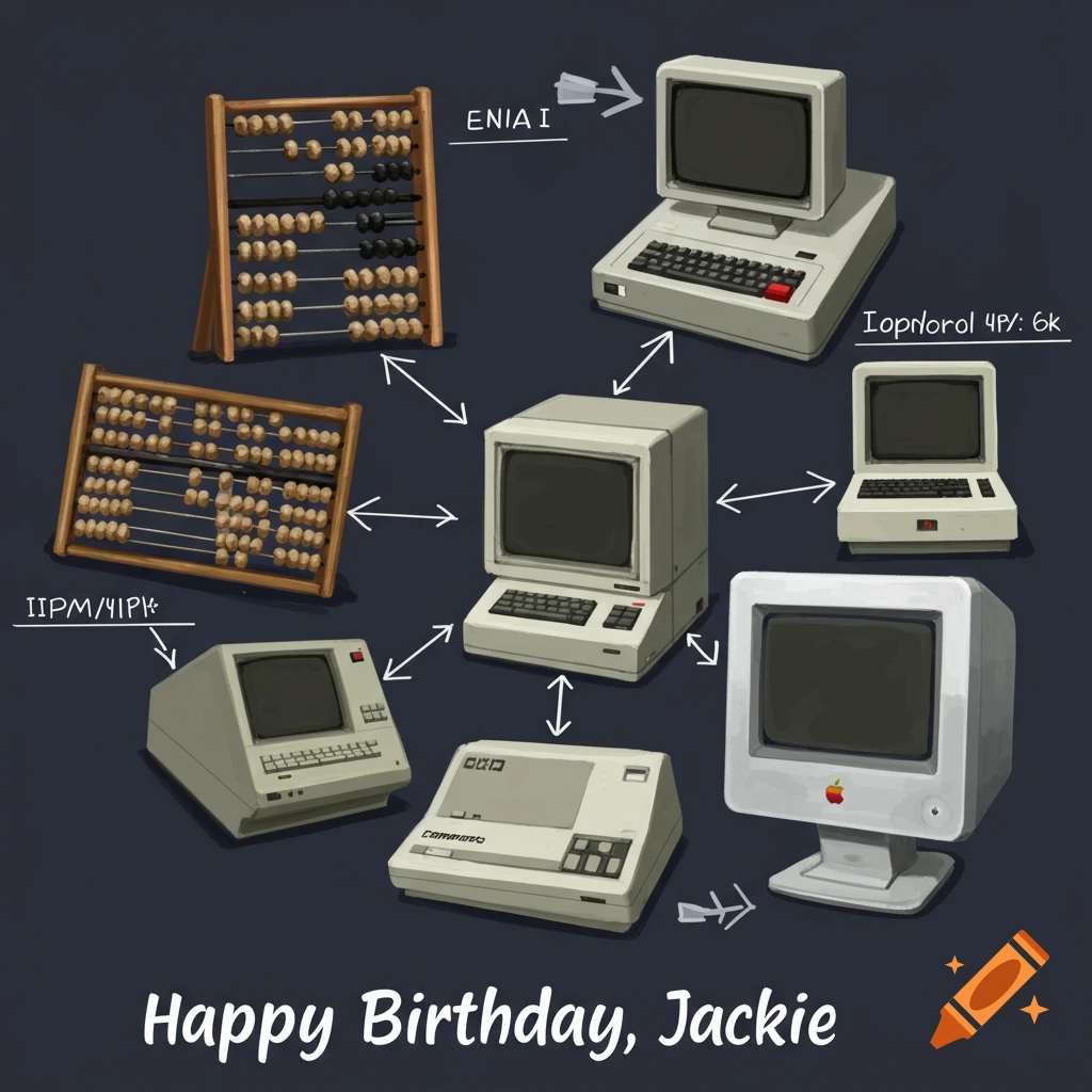 Vintage computers and an abacus with the text 'Happy Birthday, Jackie'.