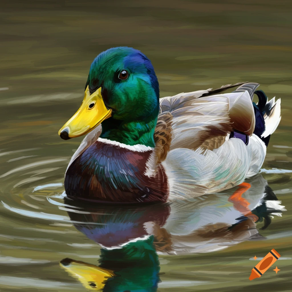 A mallard duck swimming in water with its reflection visible.