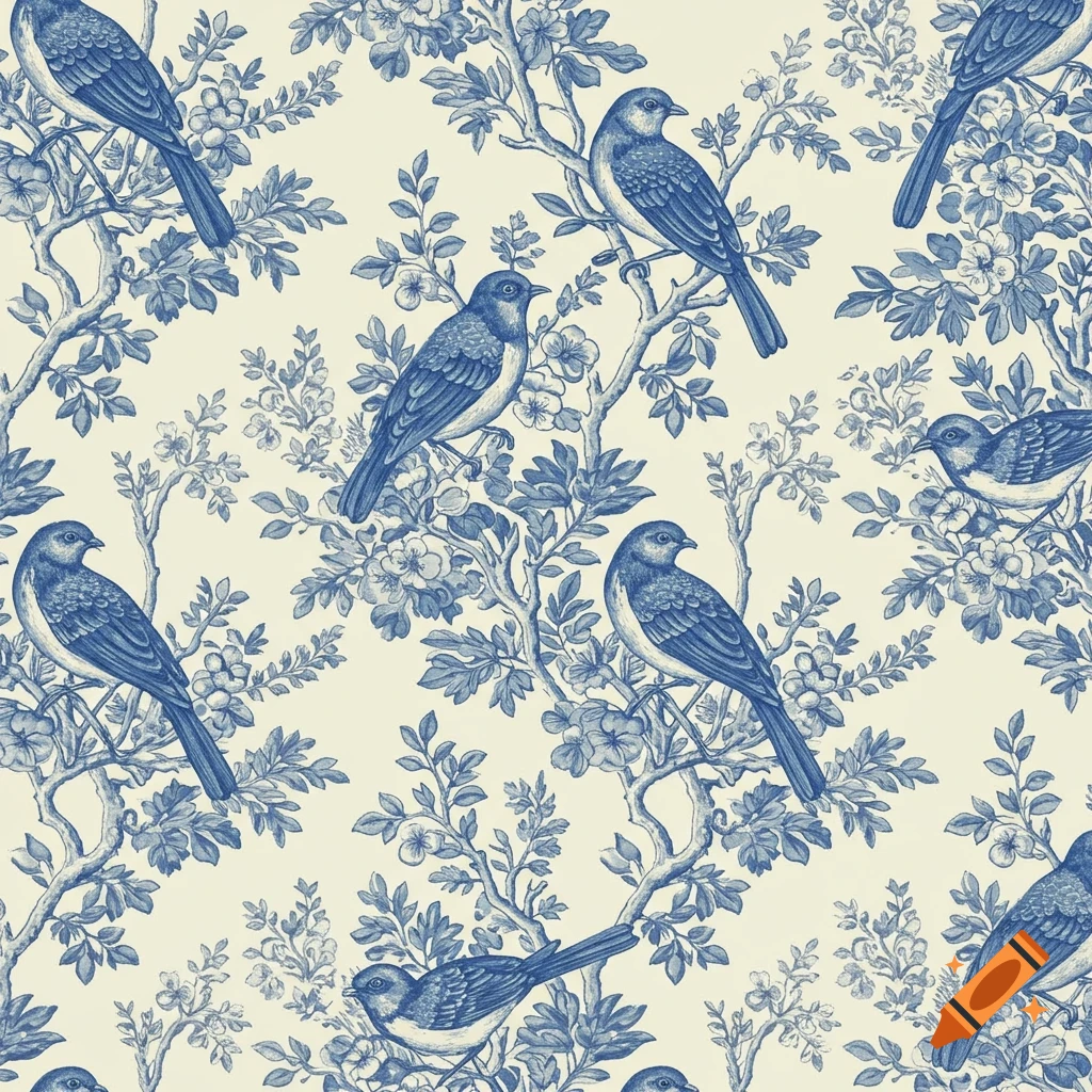 Seamless blue Toile pattern of birds on branches