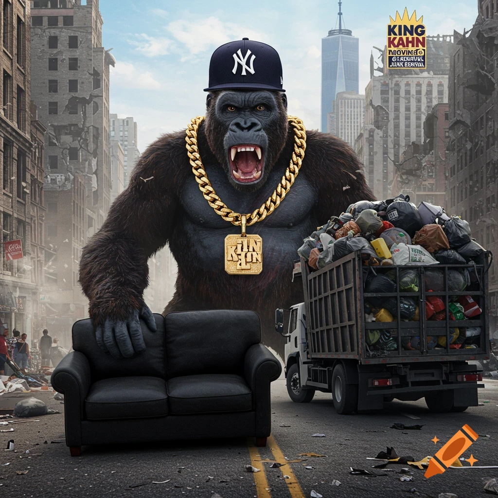 A giant gorilla wearing a Yankee hat and gold chain stands in a destroyed city next to a garbage truck, holding a black couch.