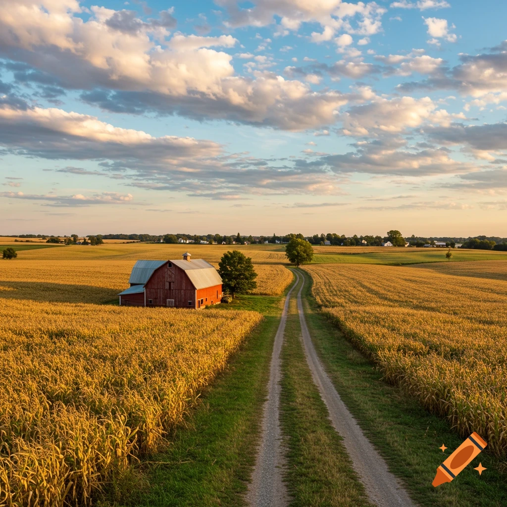A dirt road leads through a tall cornfield towards a red barn under a dramatic sky at sunset.