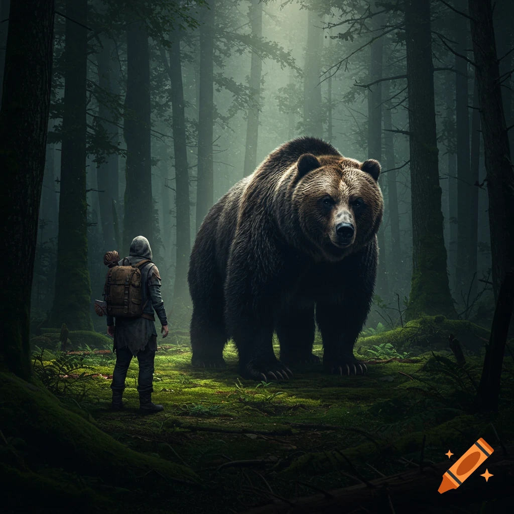 A hooded man stands before a giant grizzly bear in a misty forest.