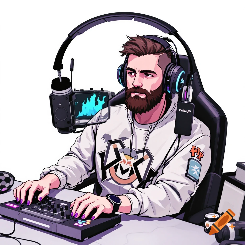 Cartoon of a bearded man wearing headphones in a gaming chair, using a controller, with 'PulseJP' text visible.
