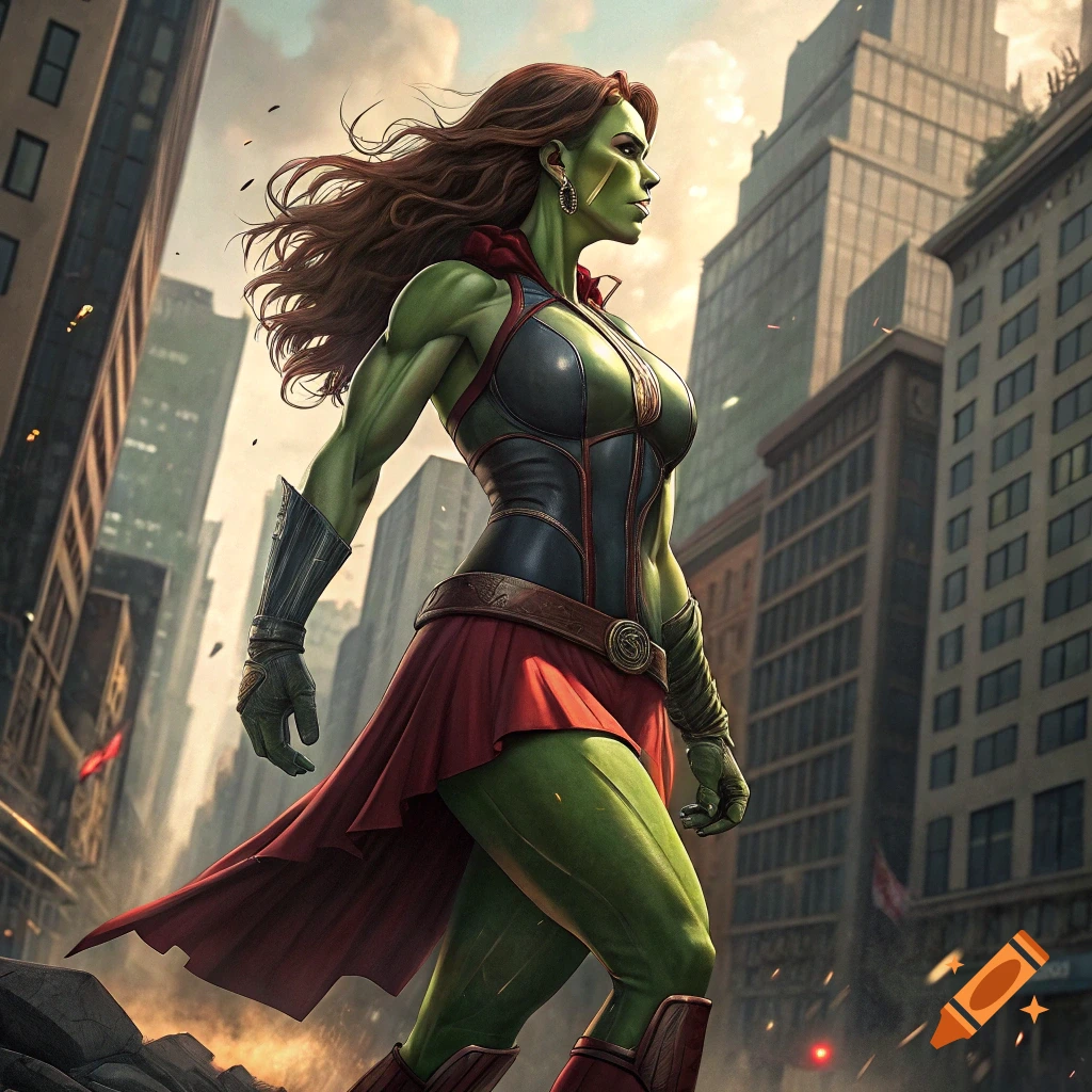 A green-skinned female superhero in a red and dark blue costume stands in a city street.