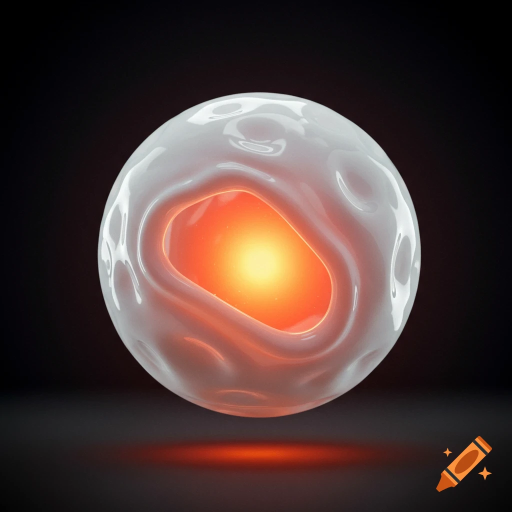 A white translucent sphere with a reddish orange glow inside, floating on a dark background.