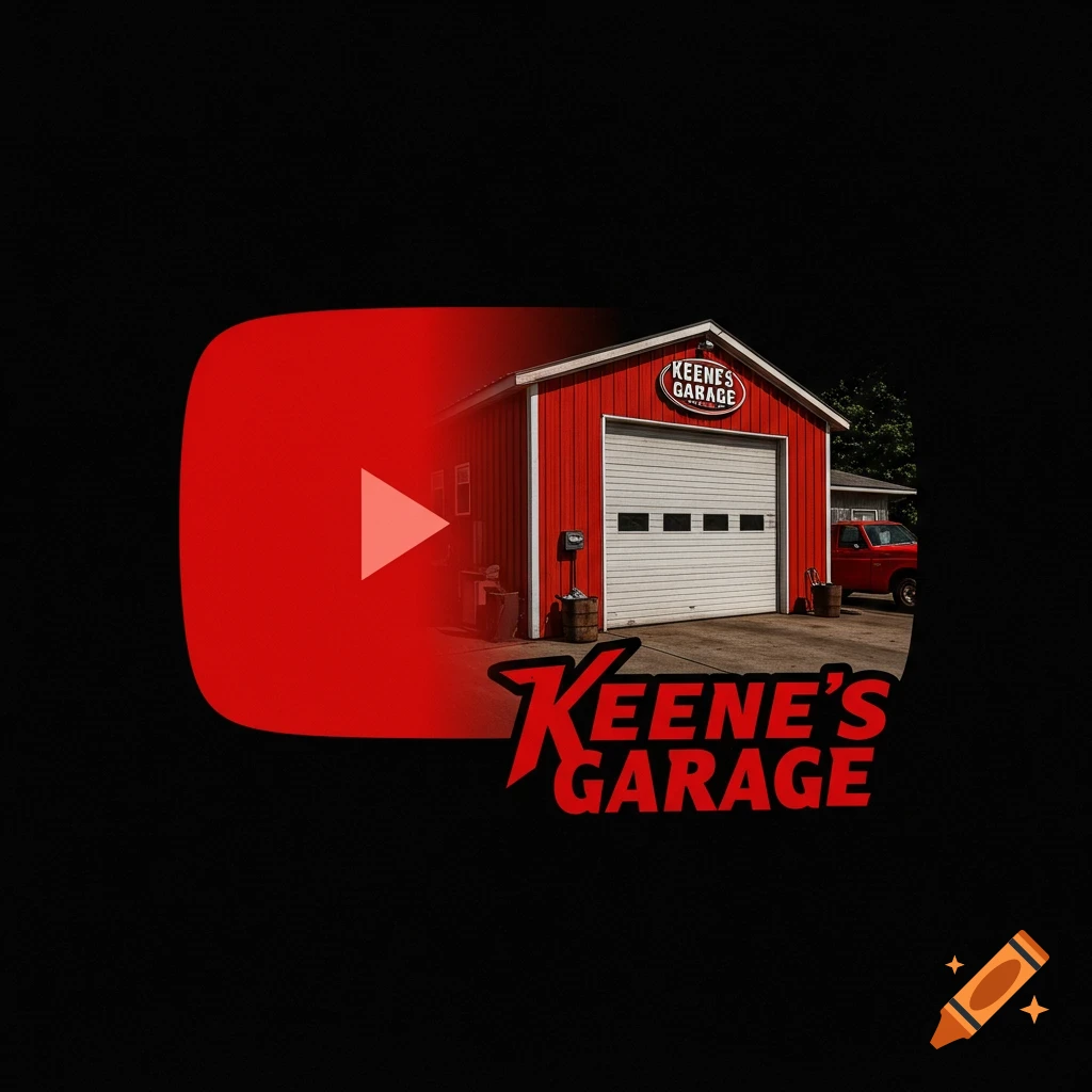 A red garage with a white door and a red truck, within a large YouTube logo icon, with the text "Keene's Garage" overlaid.