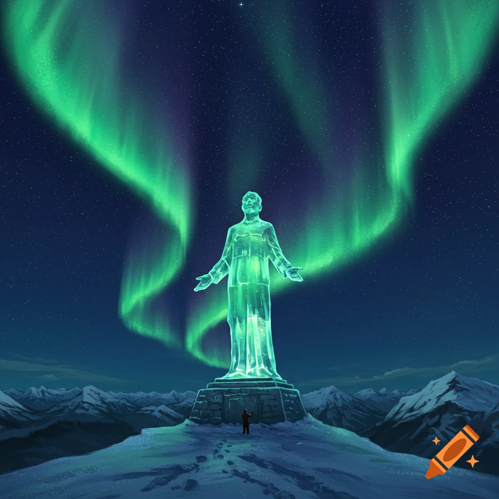 A large crystalline statue under a green aurora borealis in a snowy mountain landscape.