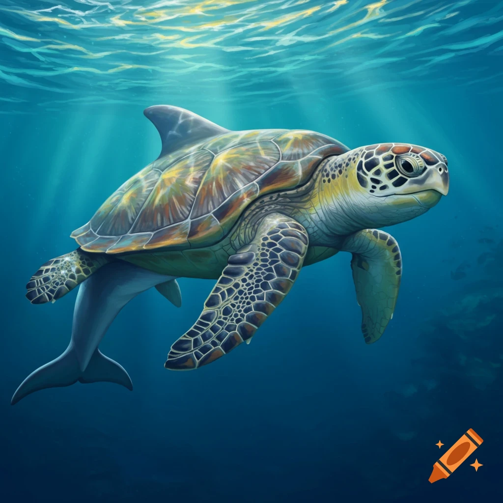 A dolphin-turtle hybrid swimming underwater in sunlight
