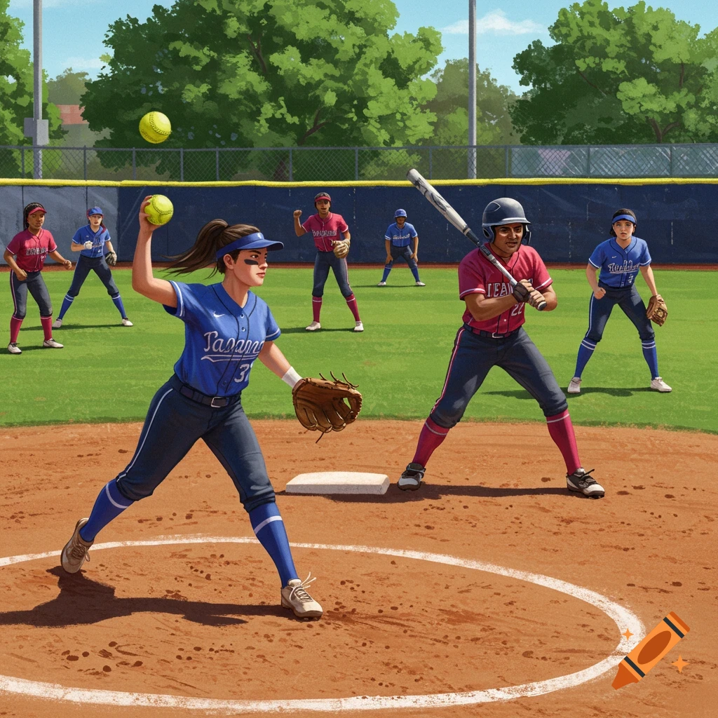 A softball game in progress with a pitcher, batter, and fielders.