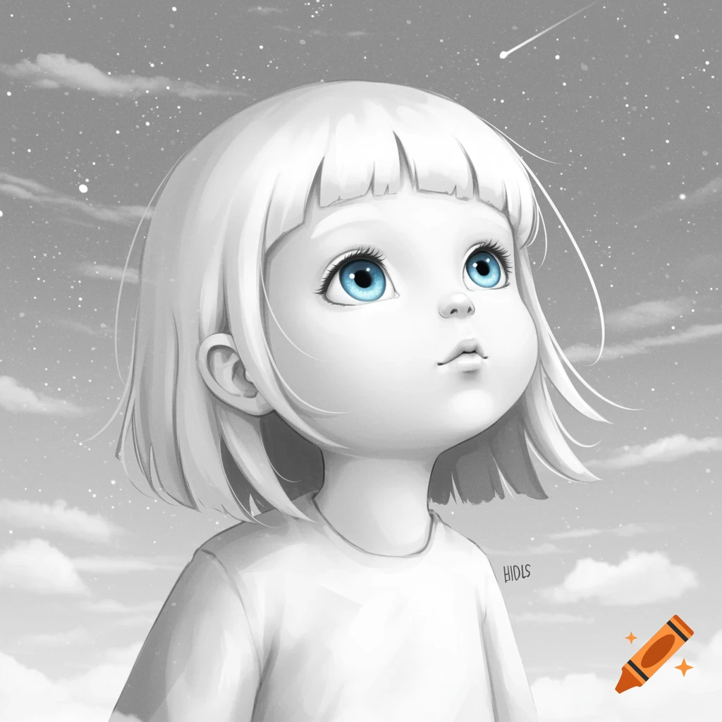A girl with white hair and blue eyes looks up at a starry sky in monochromatic style.