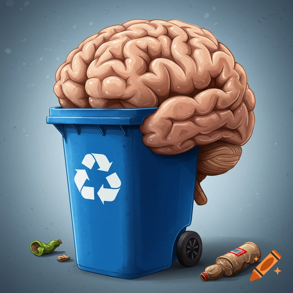 A large human brain is perched atop and merging with a blue recycling bin.