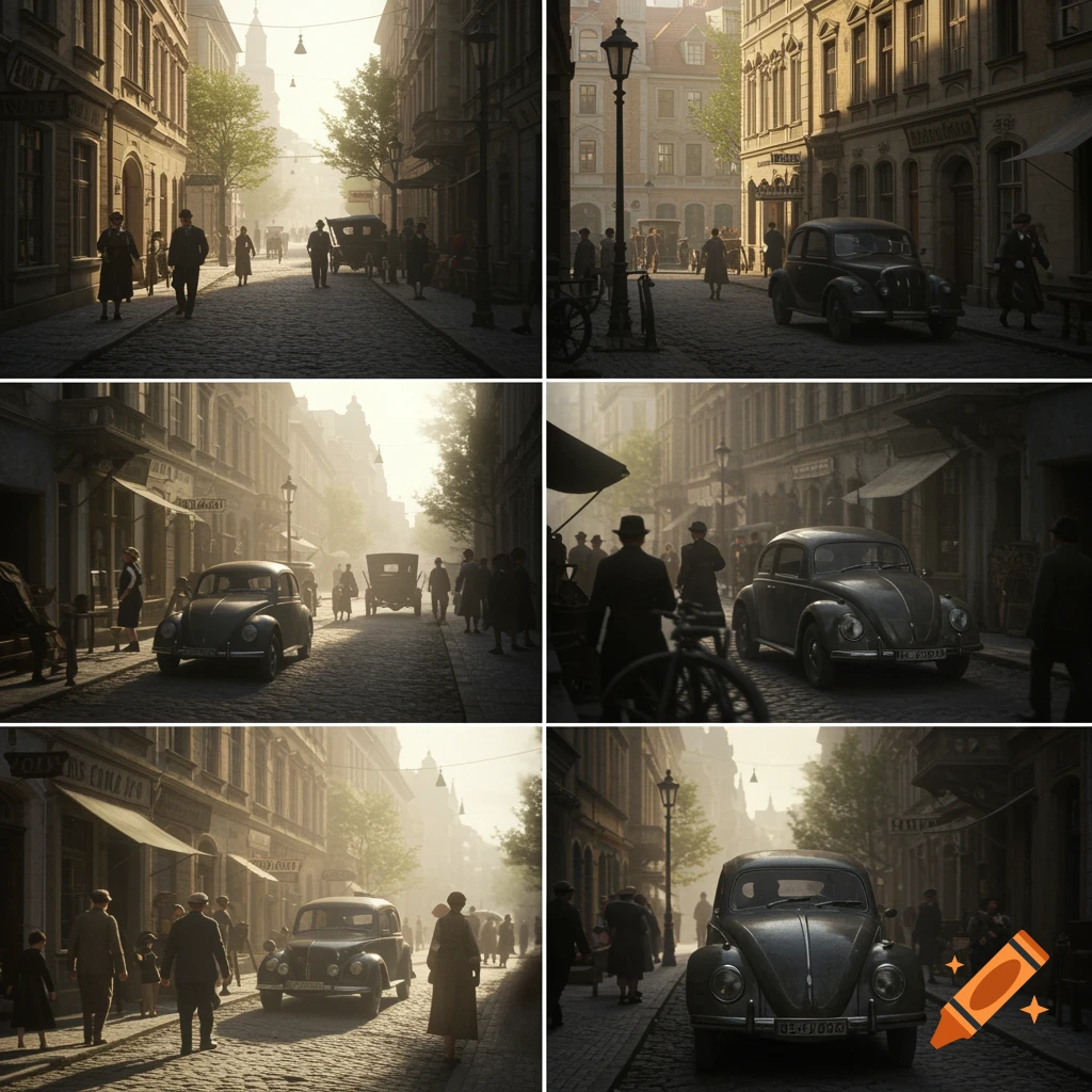 Photorealistic image of a bustling 1930s German street with vintage cars and pedestrians under hazy sunlight.