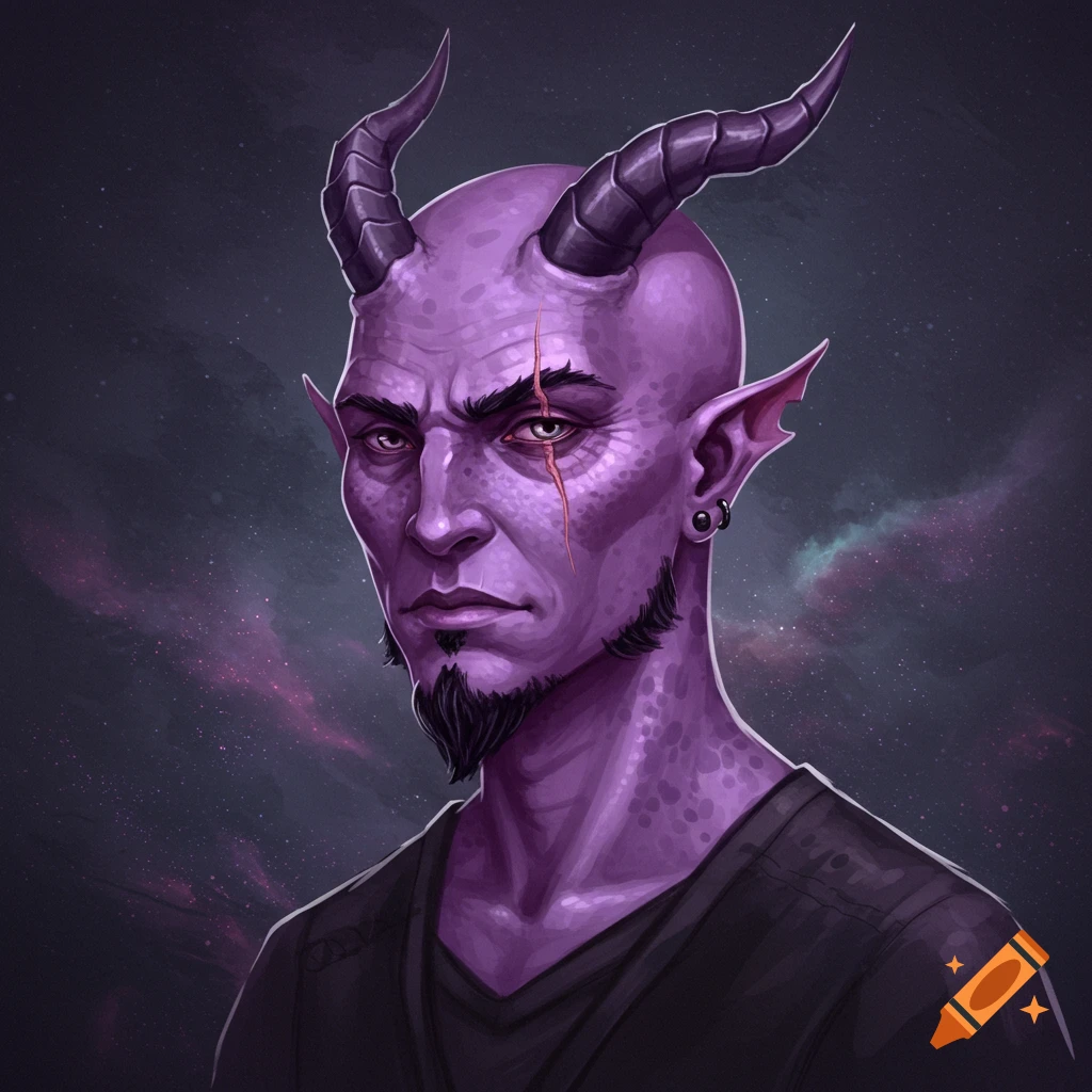A purple-skinned fantasy character with horns, beard, and a scar over their eye.