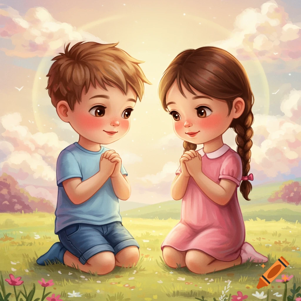 Two cartoon children kneel in prayer in a sunny field under a rainbow, illustration style.