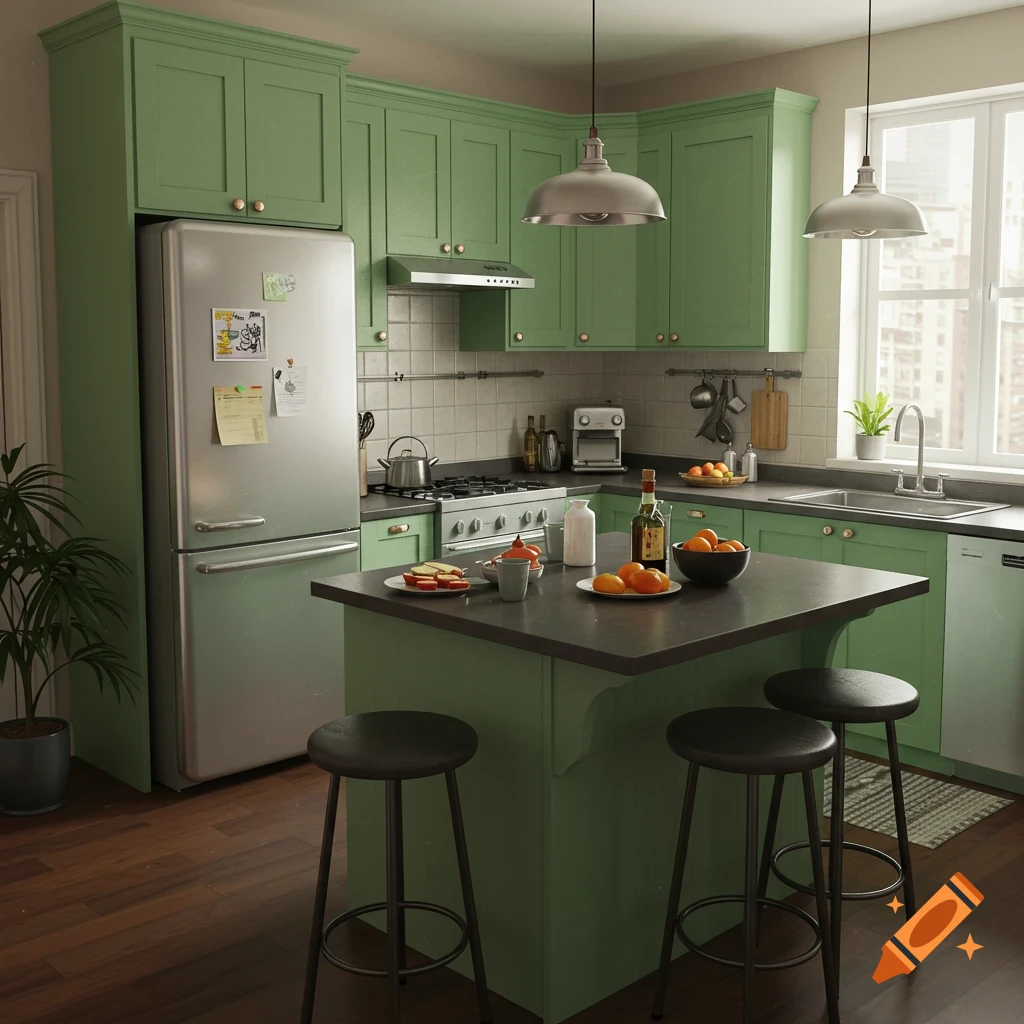 A digitally painted kitchen with green cabinets, an island, stainless steel fridge, and a window.