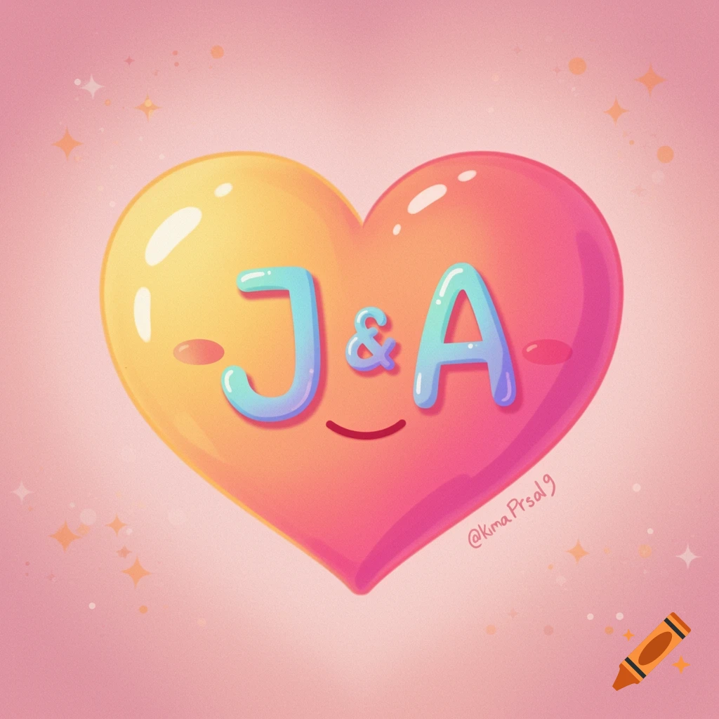 Cartoon heart with initials J & A on a pink background.