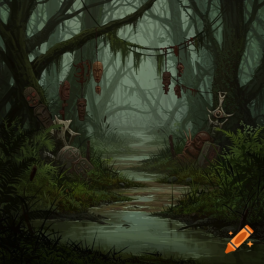 A dark, overgrown swamp path with cult masks and bones hanging from trees.