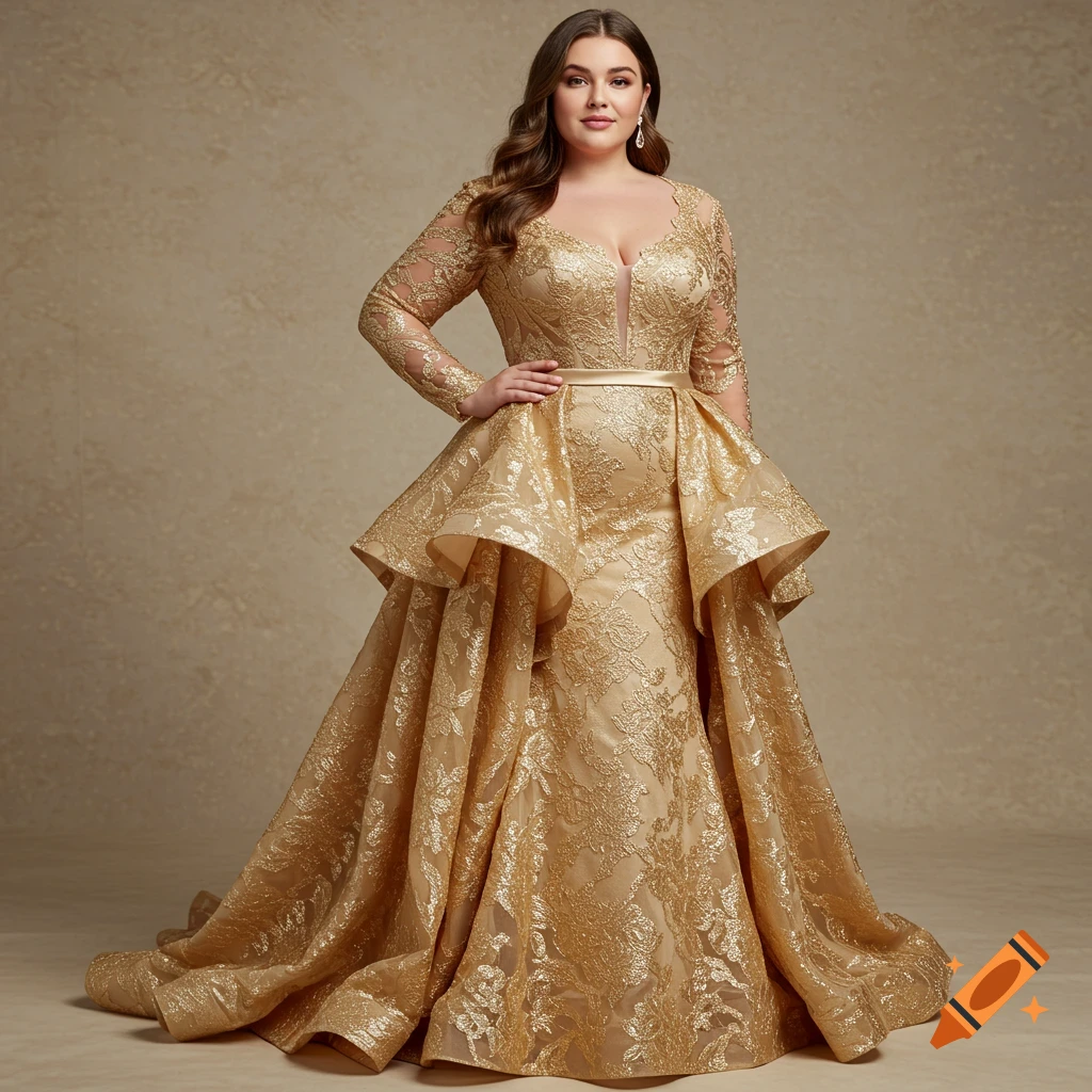 A plus-size woman in a floor-length gold formal gown with lace long sleeves and a ruffled overskirt.