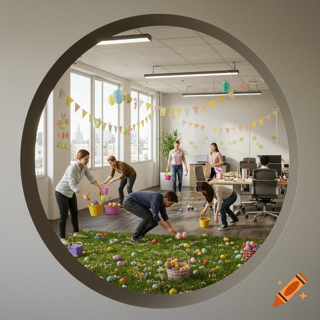 People search for Easter eggs scattered across the floor in a decorated office.
