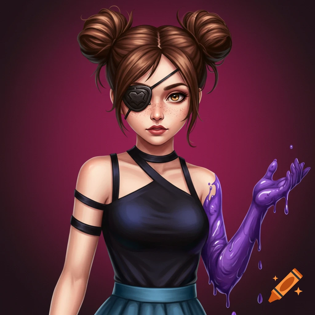 A girl with two buns, eye patch, purple goo arm, black shirt, and blue skirt.