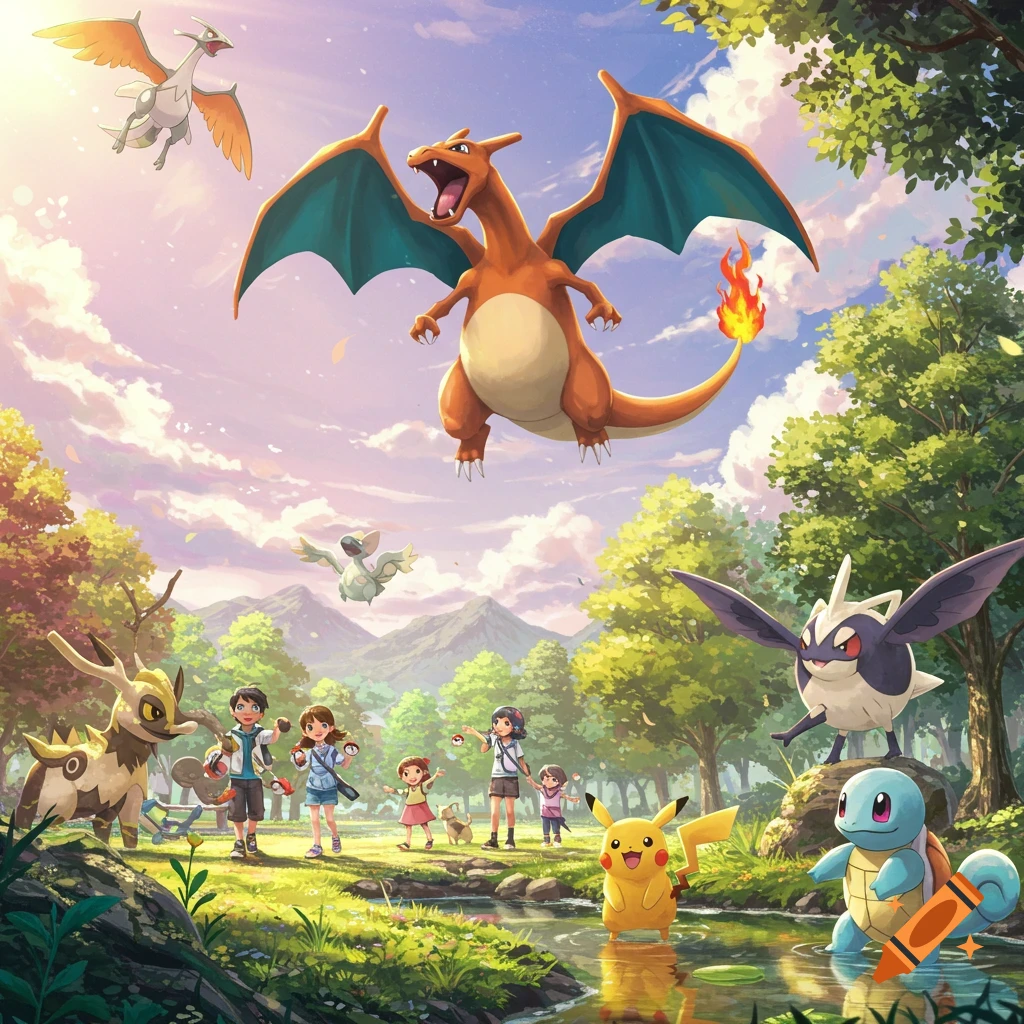 Pokemon and trainers in a sunny forest landscape