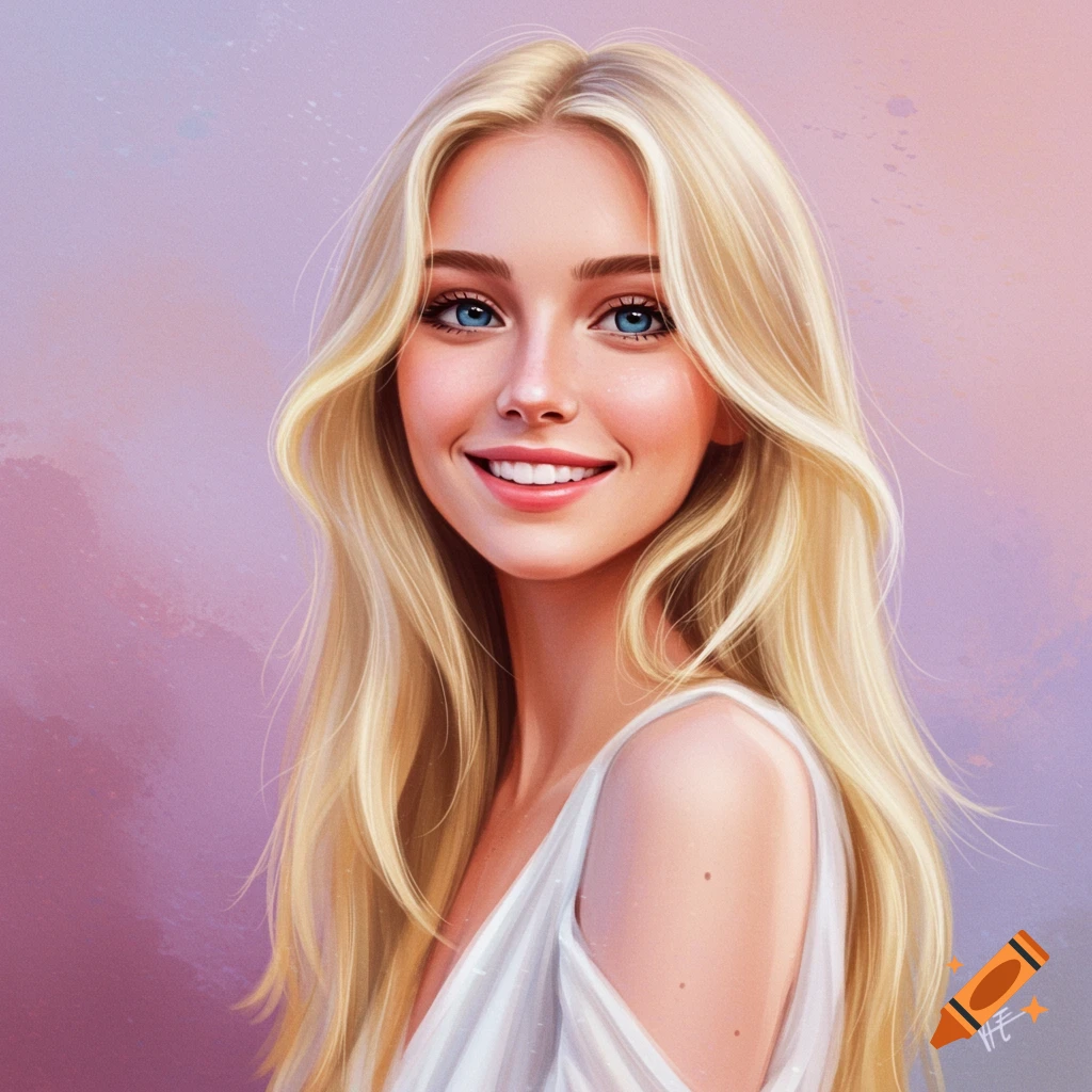 A smiling blonde woman with blue eyes wears a white dress against a pastel background.
