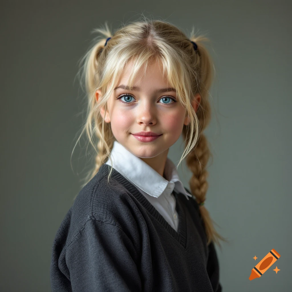 Portrait of a young blonde girl with blue eyes wearing a school uniform and pigtails