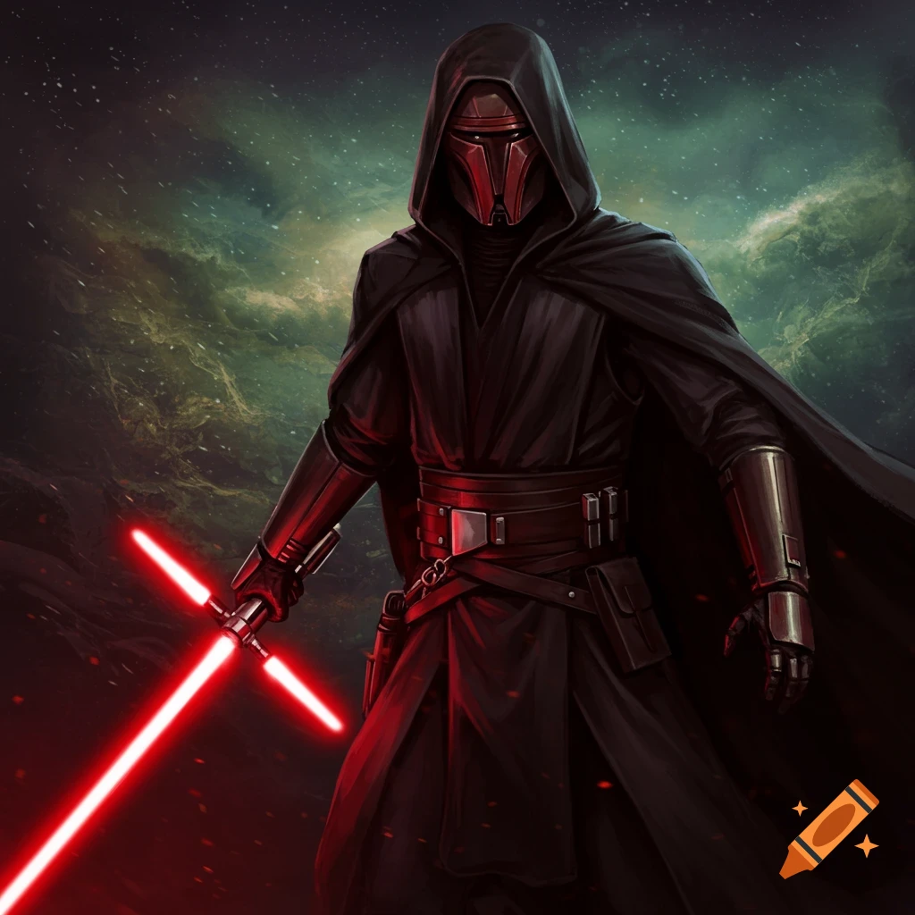 A robed figure with a red mask holds a red crossguard lightsaber against a starry space background.