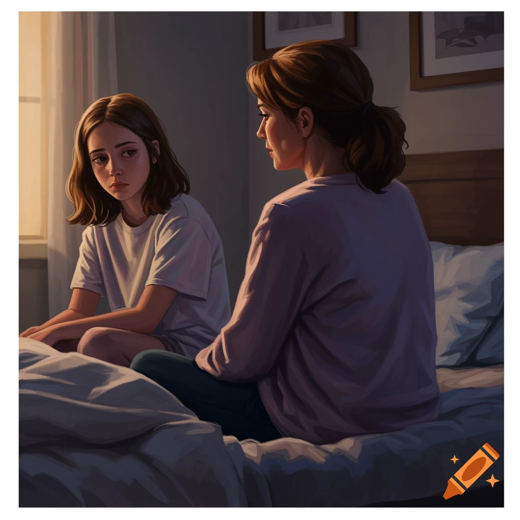 A mother and daughter sit on a bed, the daughter looking sad.