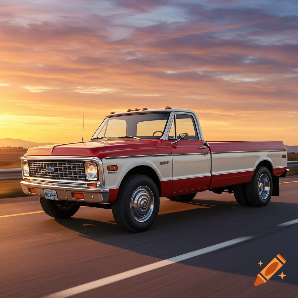 Red and white classic pickup truck driving on a highway at sunset.