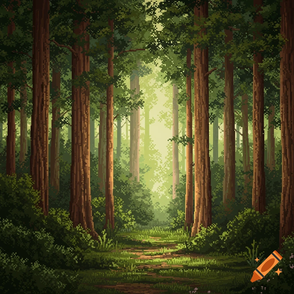 Pixel art of a dense forest floor with tall trees and a path leading into sunlight.