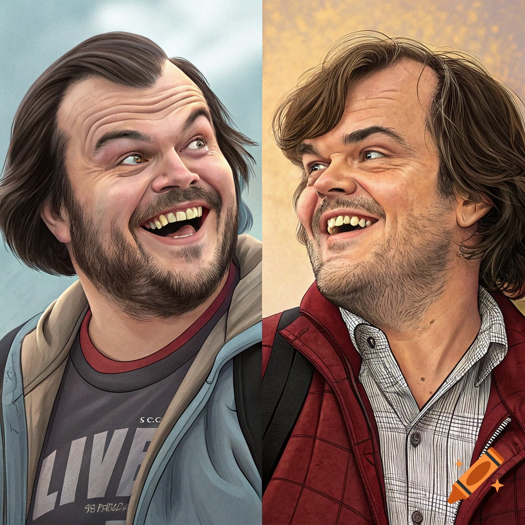Stylized portrait of Jack Black as Steve from Nacho Libre next to another portrait of him.
