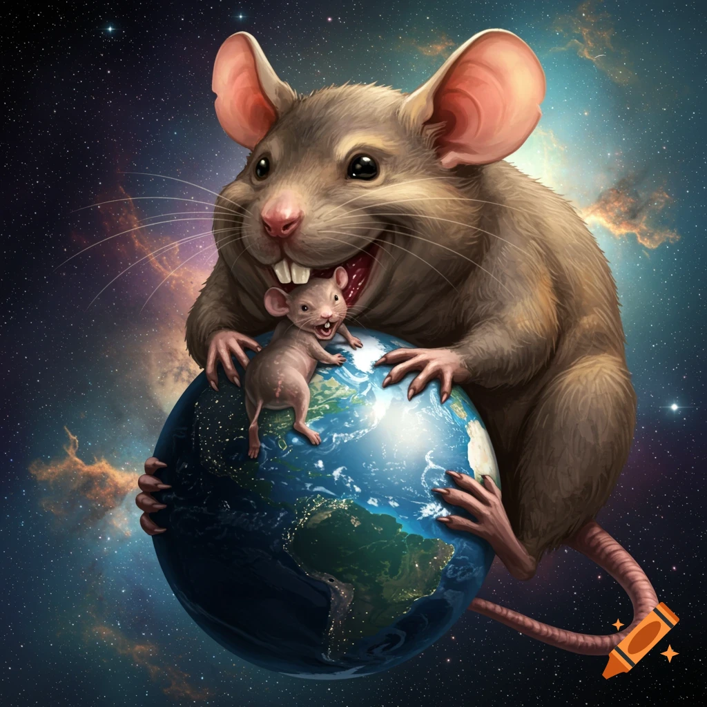 A large mouse and a small mouse stand on a globe in space.