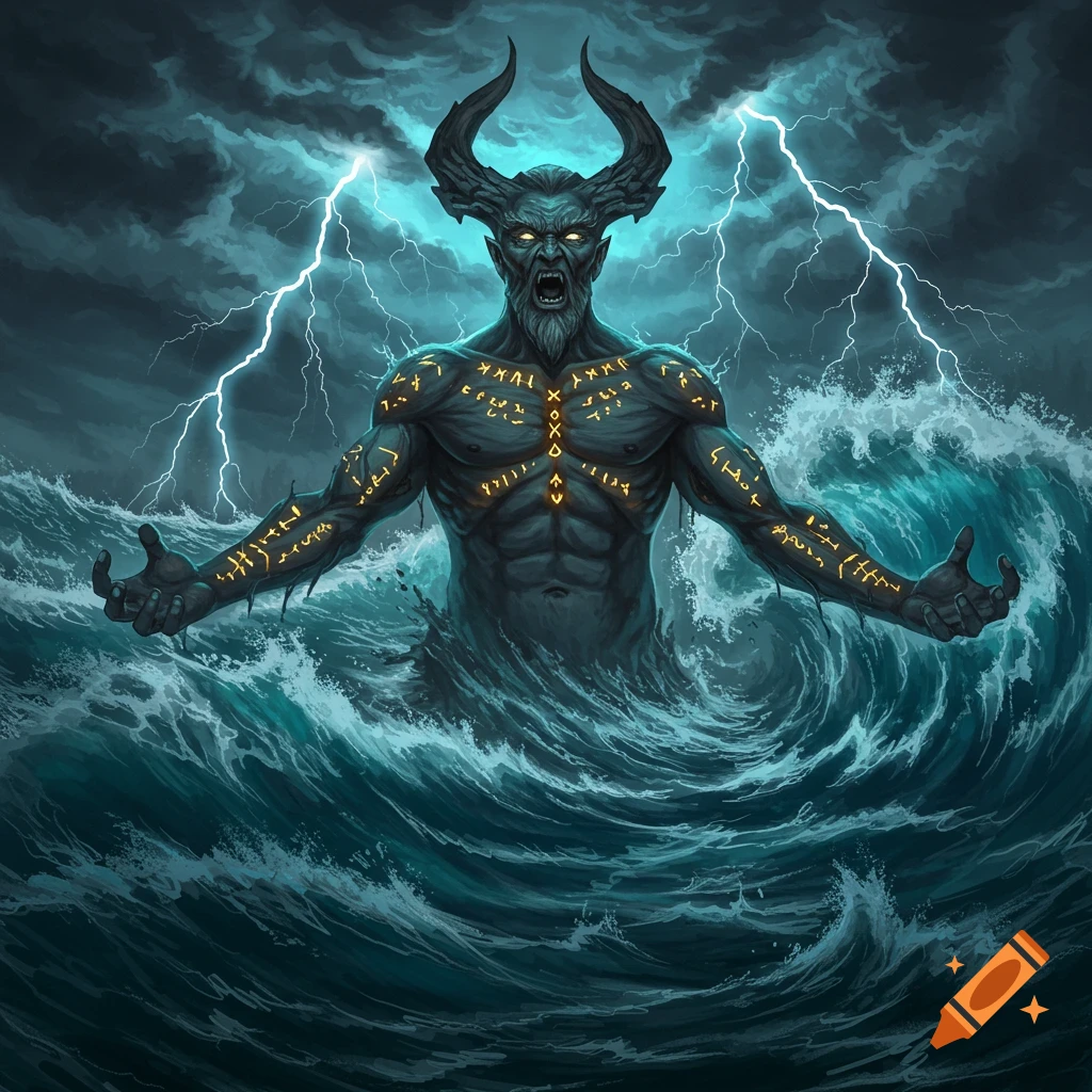 A horned sea monster rises from stormy waves with lightning.