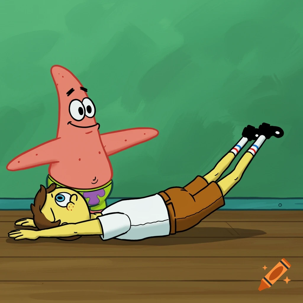 Patrick Star watches a human-like character doing a flying exercise on the floor in a cartoon style.