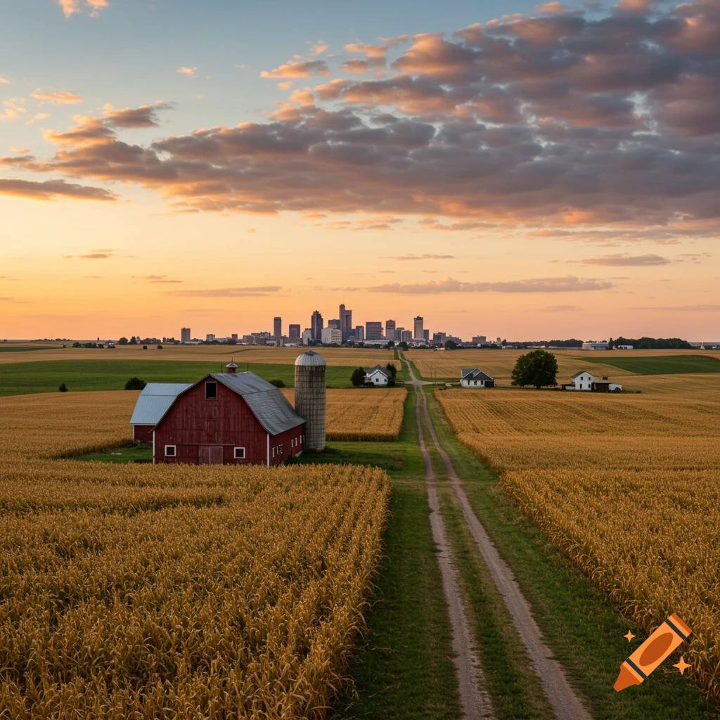 Red barn and silo in a field of golden crops with a dirt road leading toward a city skyline at sunset.