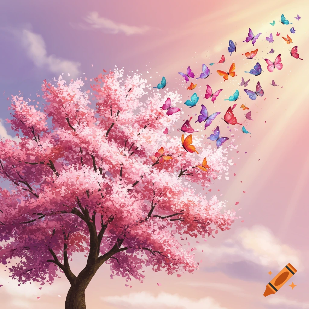 A pink cherry blossom tree transforming into a swarm of colorful butterflies flying into a sunny sky.