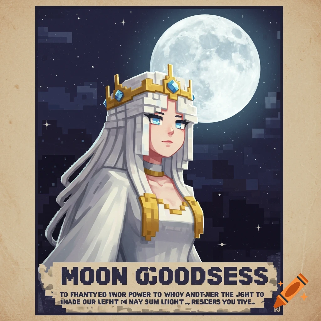 A moon goddess is featured on a poster under a full moon. The poster has a title and placeholder text.