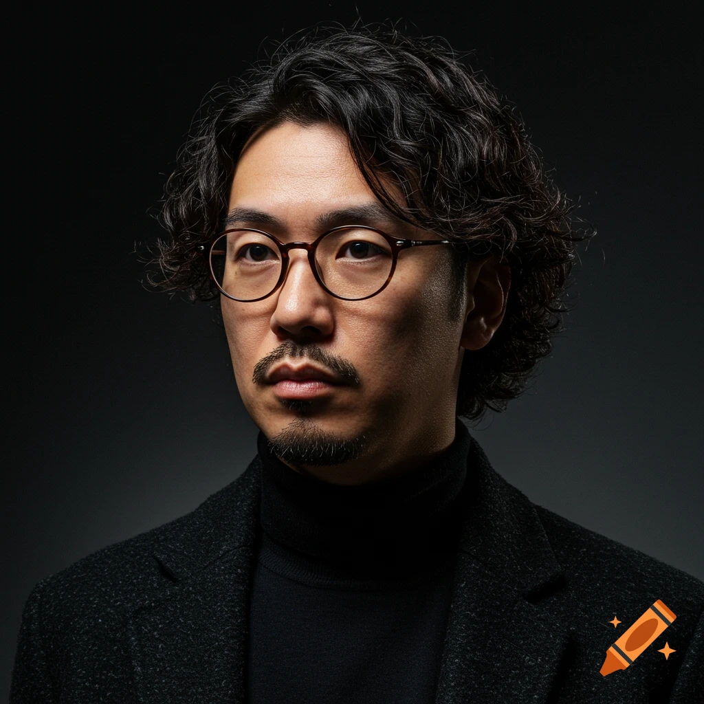 Portrait of a man with glasses, mustache, and goatee wearing a black turtleneck and tweed jacket.