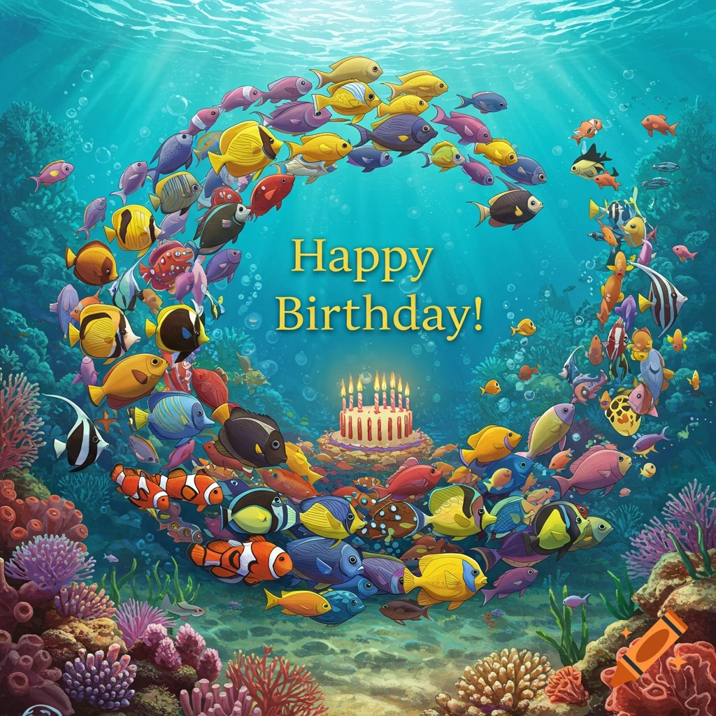 A school of colorful fish forms a circle around a birthday cake and the text 'Happy Birthday!' underwater.