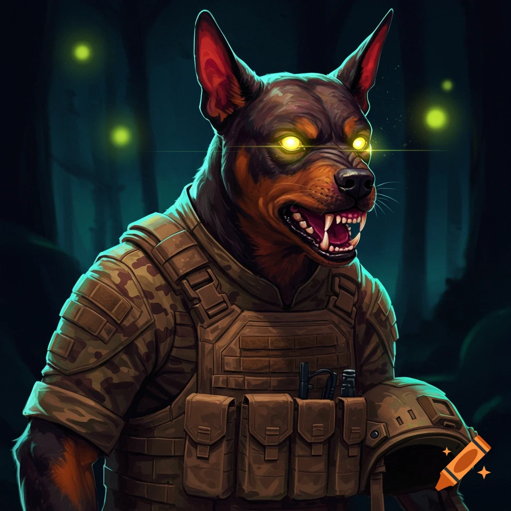 A glowing-eyed dog wearing tactical military gear in a dark forest.
