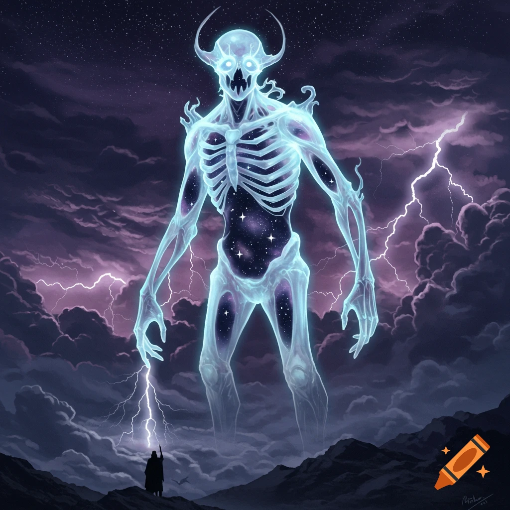 A towering skeletal giant filled with stars in a storm with lightning, looking at a small figure below.